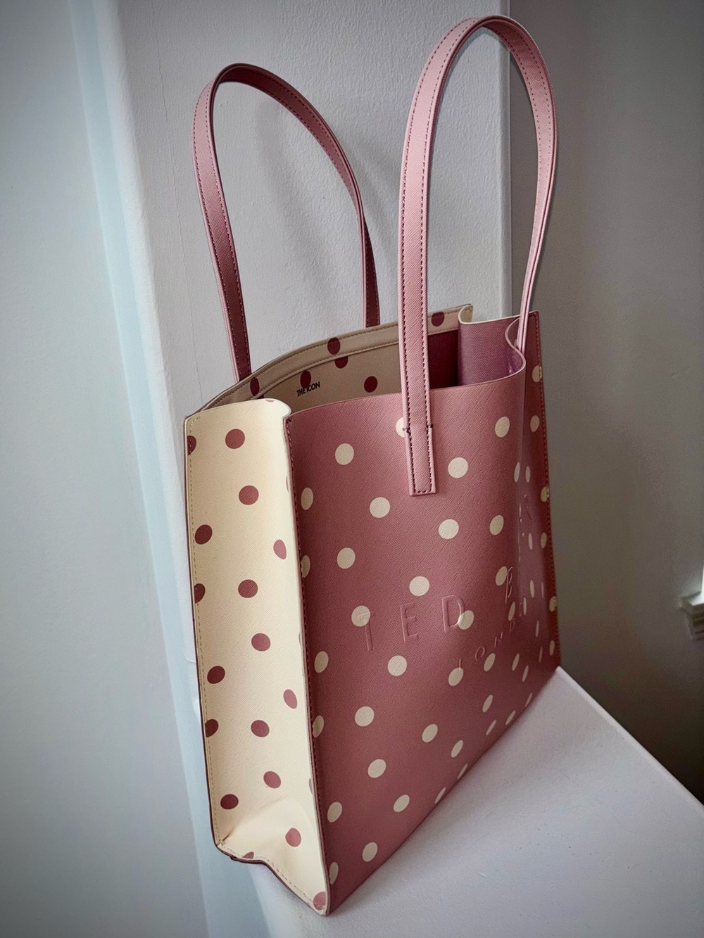 Ted Baker London NWT Pink Polka Dot Leather Tote Bag Coquette Style - Picture 7 of 13
